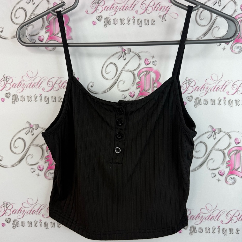 Tank top cropped crop buttons Black Ribbed Button-Front Cami Top -  Women